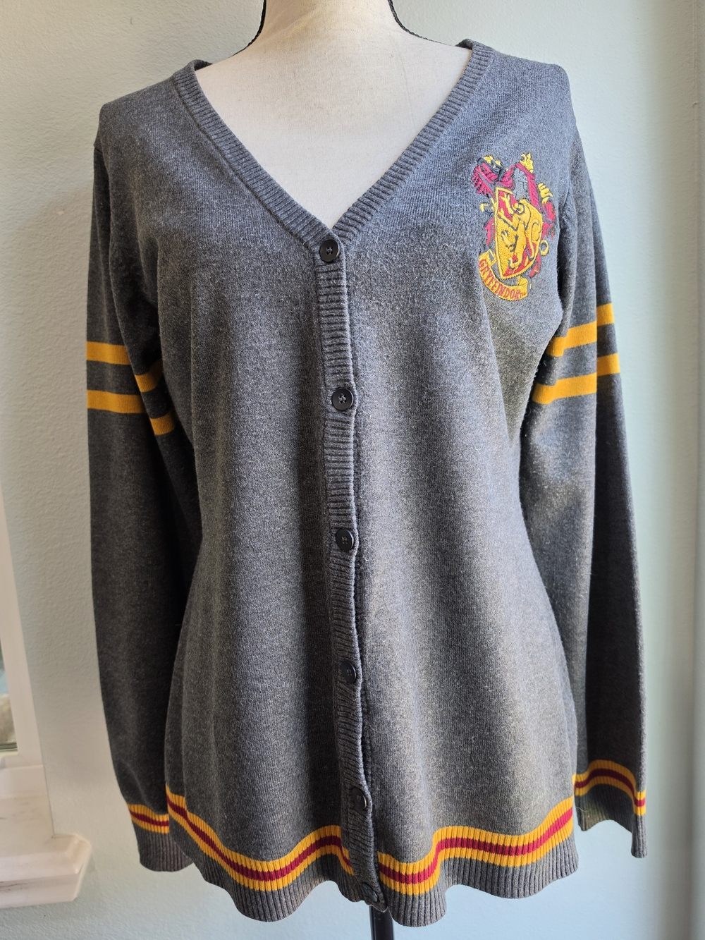 Hot Topic Gray Cardigan with Yellow and Red Crest Accents